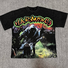HARMONY Vintage Harmony Grim Reaper Graphic Oversized T-Shirt – Double-Sided Unisex Streetwear Tee