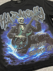 HARMONY Men's Vintage Skeleton Guitar Graphic Oversized T-Shirt – Double-Sided Unisex Streetwear Tee