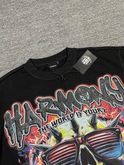 HARMONY Men's Vintage Skull Graphic Oversized T-Shirt – Double-Sided Unisex Streetwear Tee