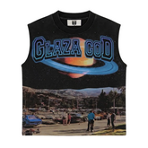GLAZA GOD Galaxy – Heavyweight Acid Wash Sleeveless Tee BLUE