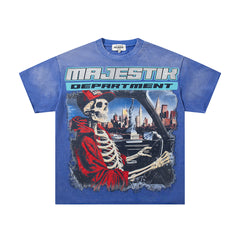 MAJESTIK Men's Vintage Racing Graphic Oversized T-Shirt – Blue Streetwear Double-Sided Print Casual Tee