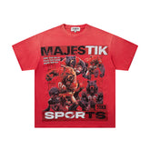 MAJESTIK Men's Vintage Graphic Oversized T-Shirt – Red Sports Streetwear Double-Sided Print Casual Tee