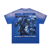 MAJESTIK Men's Vintage Graphic Oversized T-Shirt – Blue Streetwear Double-Sided Print Casual Tee