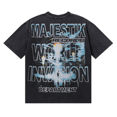 MAJESTIK Men's Vintage Graphic Oversized T-Shirt – Futuristic Streetwear Double-Sided Print Casual Tee