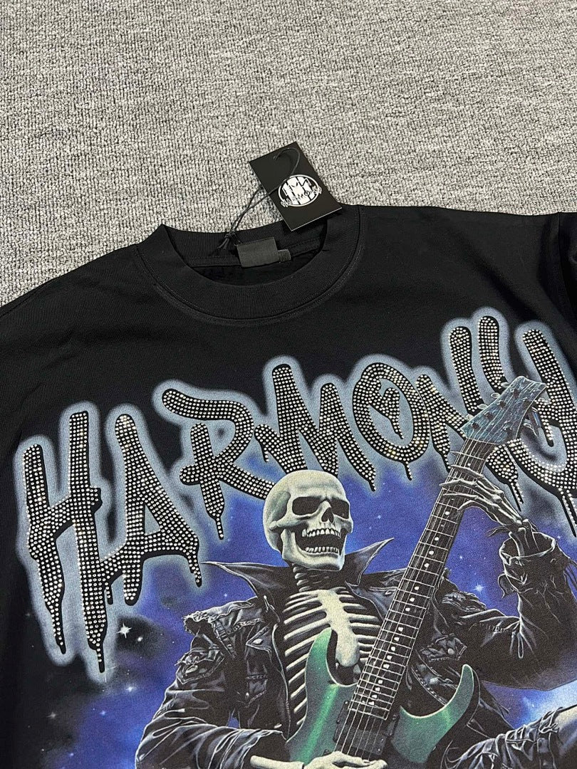 HARMONY Men's Vintage Skeleton Guitar Graphic Oversized T-Shirt – Double-Sided Unisex Streetwear Tee