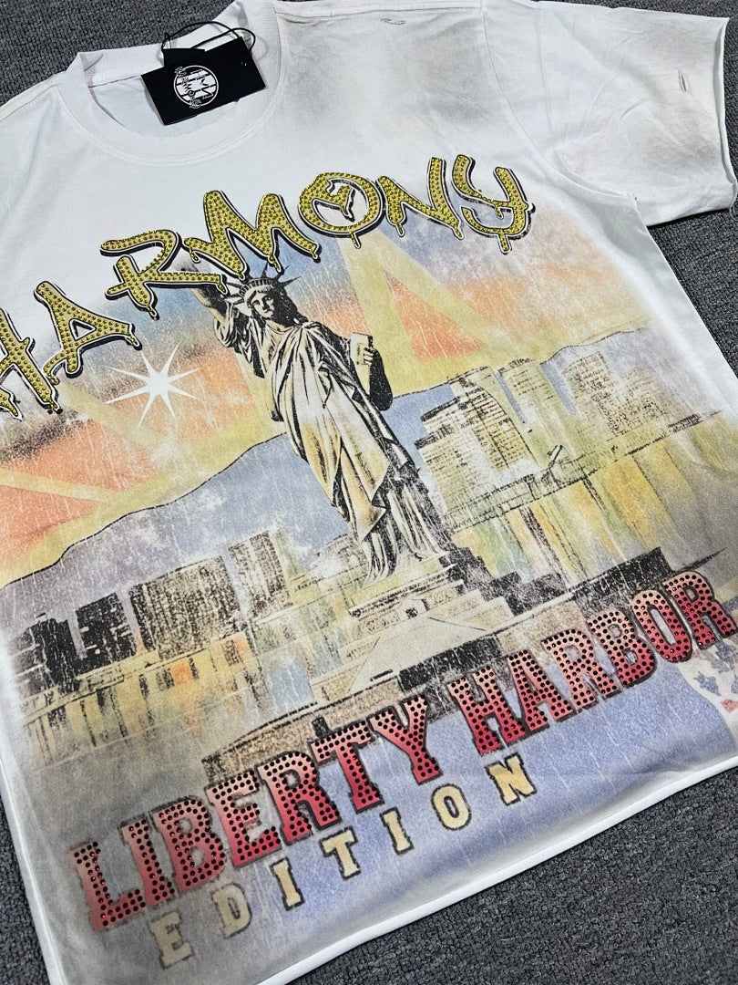 HARMONY Men's Vintage Statue of Liberty Graphic Oversized T-Shirt – Double-Sided Unisex Streetwear Tee