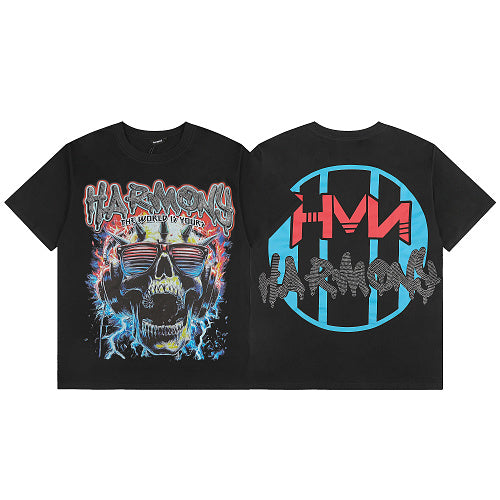 HARMONY Vintage Harmony Skull Graphic Oversized T-Shirt – Double-Sided Unisex Streetwear Tee