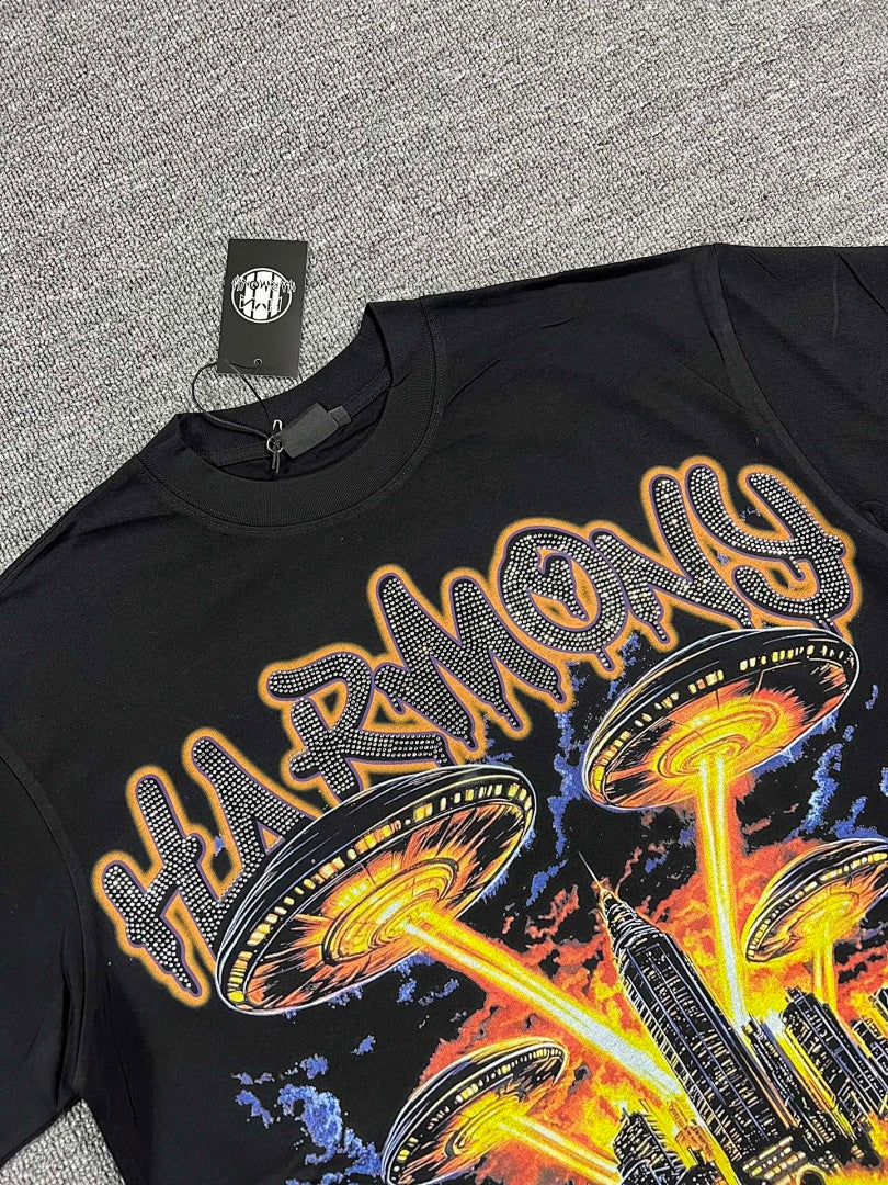 HARMONY Men's Vintage UFO Graphic Oversized T-Shirt – Double-Sided Unisex Streetwear Tee