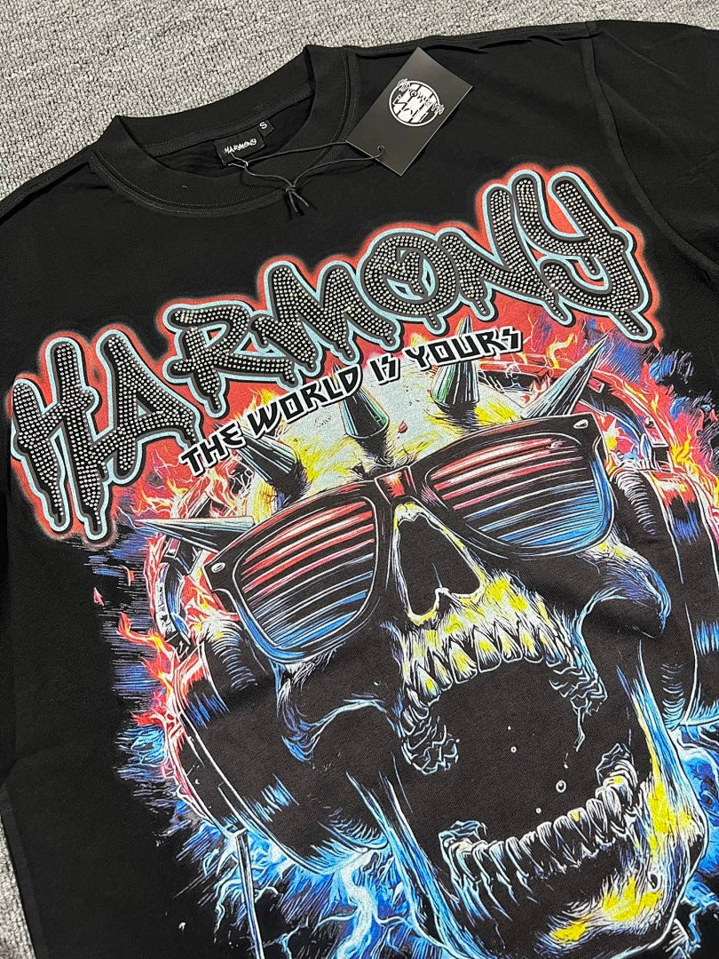 HARMONY Men's Vintage Skull Graphic Oversized T-Shirt – Double-Sided Unisex Streetwear Tee