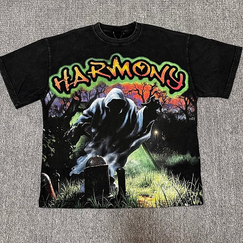HARMONY Vintage Harmony Grim Reaper Graphic Oversized T-Shirt – Double-Sided Unisex Streetwear Tee