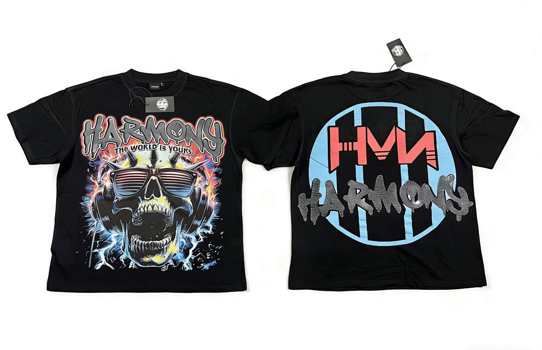 HARMONY Men's Vintage Skull Graphic Oversized T-Shirt – Double-Sided Unisex Streetwear Tee