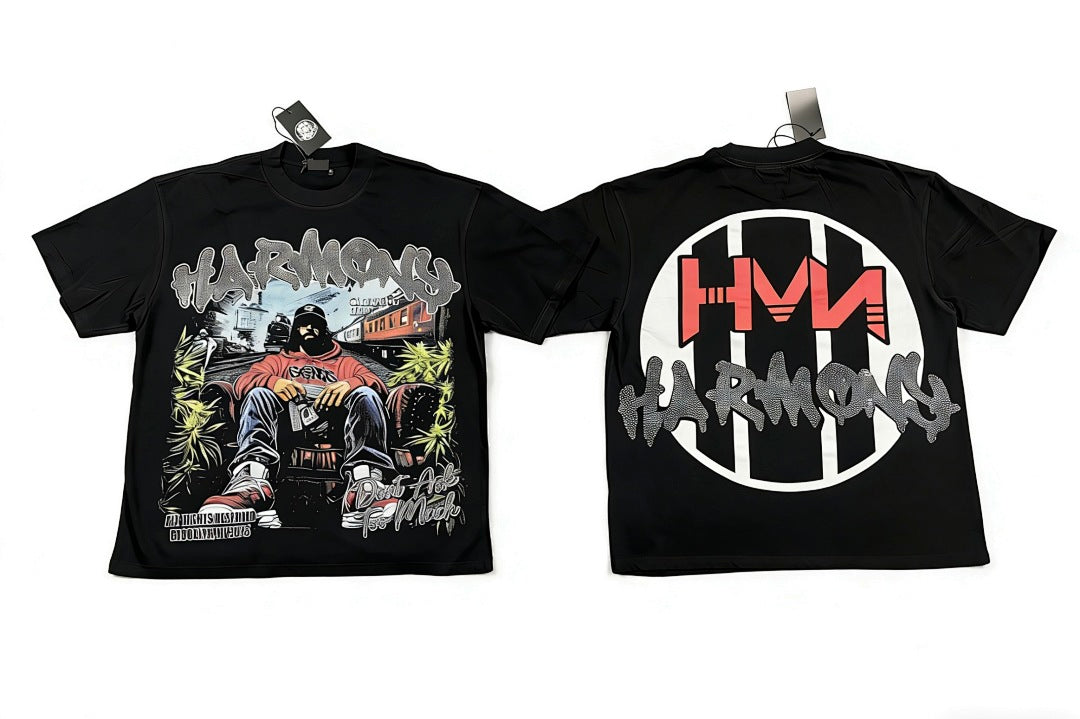 HARMONY Men's Vintage Hip Hop Graphic Oversized T-Shirt – Double-Sided Unisex Streetwear Tee