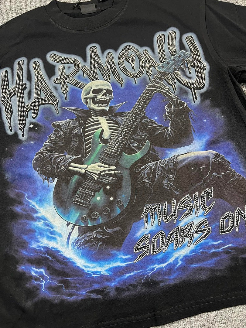 HARMONY Men's Vintage Skeleton Guitar Graphic Oversized T-Shirt – Double-Sided Unisex Streetwear Tee