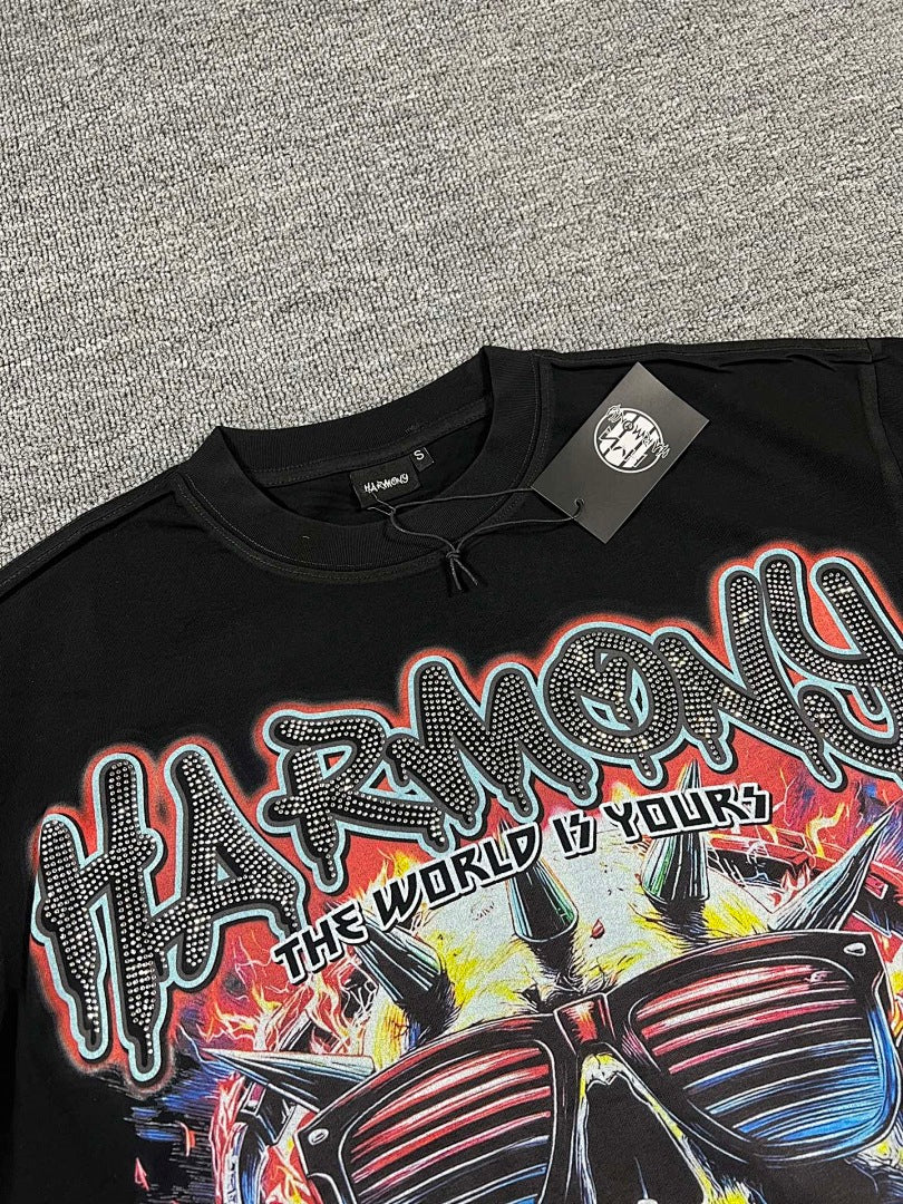 HARMONY Men's Vintage Skull Graphic Oversized T-Shirt – Double-Sided Unisex Streetwear Tee