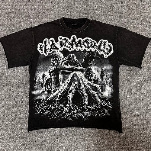HARMONY Men's Vintage Gothic Graveyard Graphic Oversized T-Shirt – Double-Sided Unisex Streetwear Tee