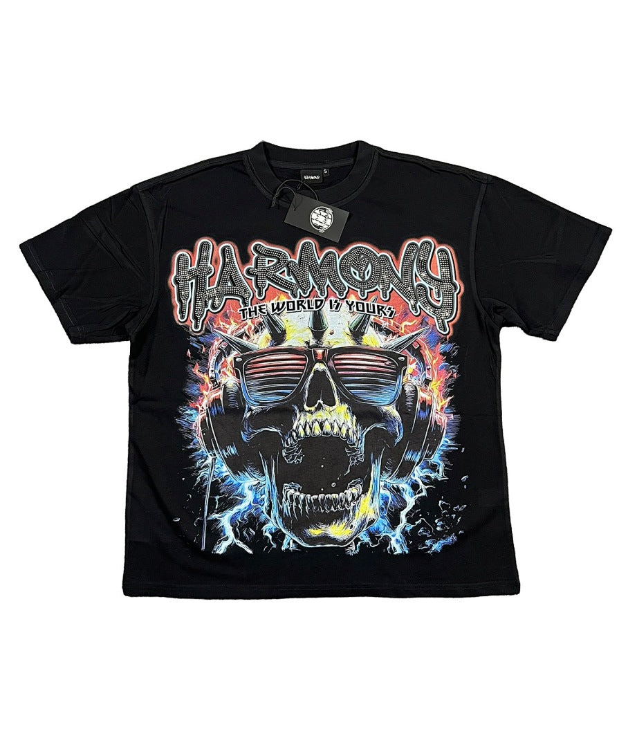 HARMONY Men's Vintage Skull Graphic Oversized T-Shirt – Double-Sided Unisex Streetwear Tee