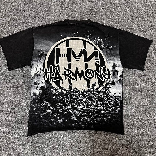 HARMONY Men's Vintage Gothic Graveyard Graphic Oversized T-Shirt – Double-Sided Unisex Streetwear Tee