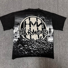 HARMONY Men's Vintage Gothic Graveyard Graphic Oversized T-Shirt – Double-Sided Unisex Streetwear Tee