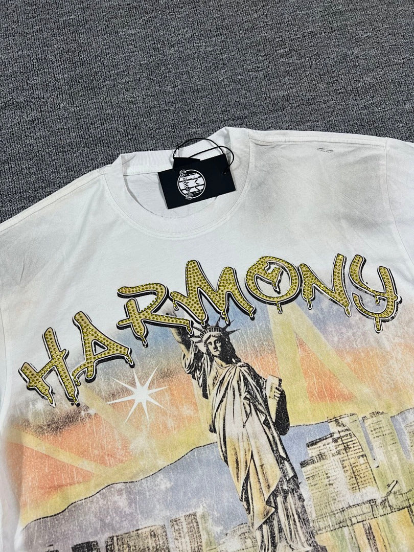 HARMONY Men's Vintage Statue of Liberty Graphic Oversized T-Shirt – Double-Sided Unisex Streetwear Tee