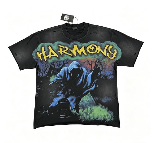 HARMONY Men's Vintage Grim Reaper Graphic Oversized T-Shirt – Double-Sided Unisex Streetwear Tee