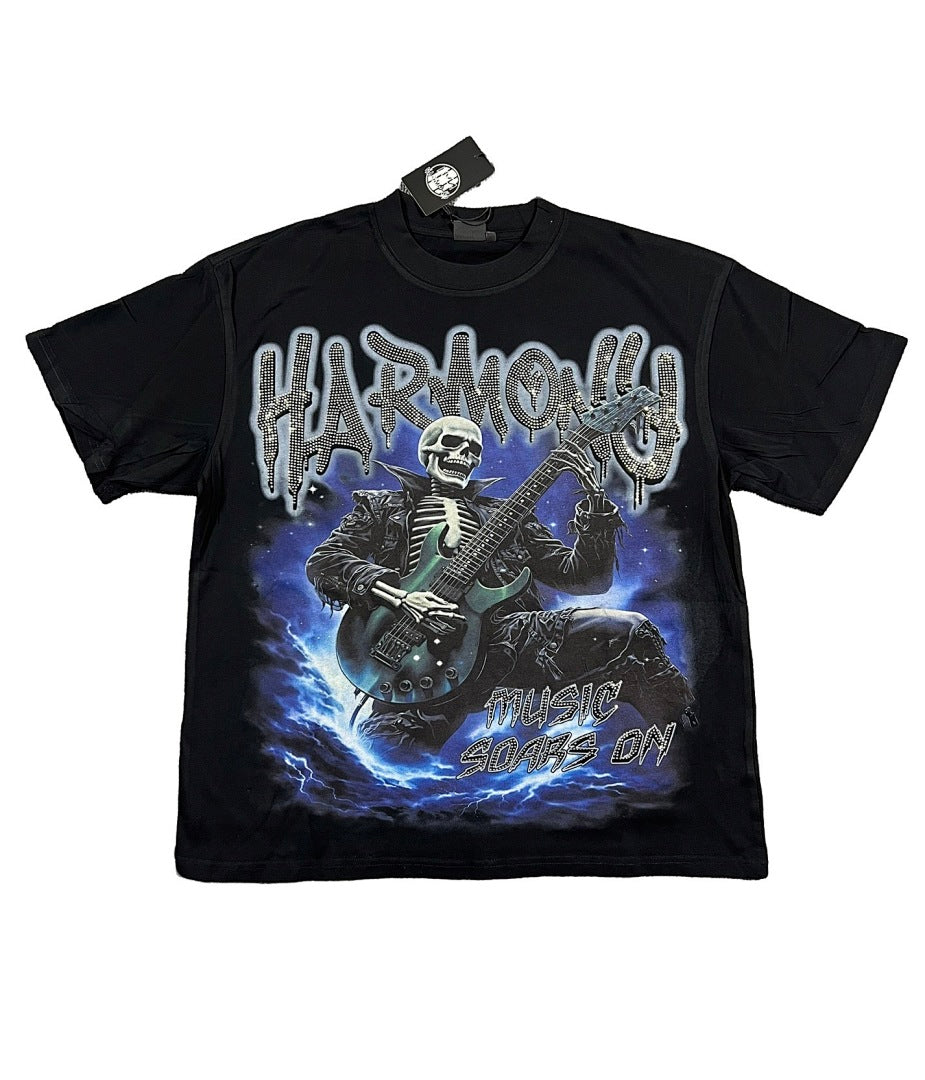 HARMONY Men's Vintage Skeleton Guitar Graphic Oversized T-Shirt – Double-Sided Unisex Streetwear Tee