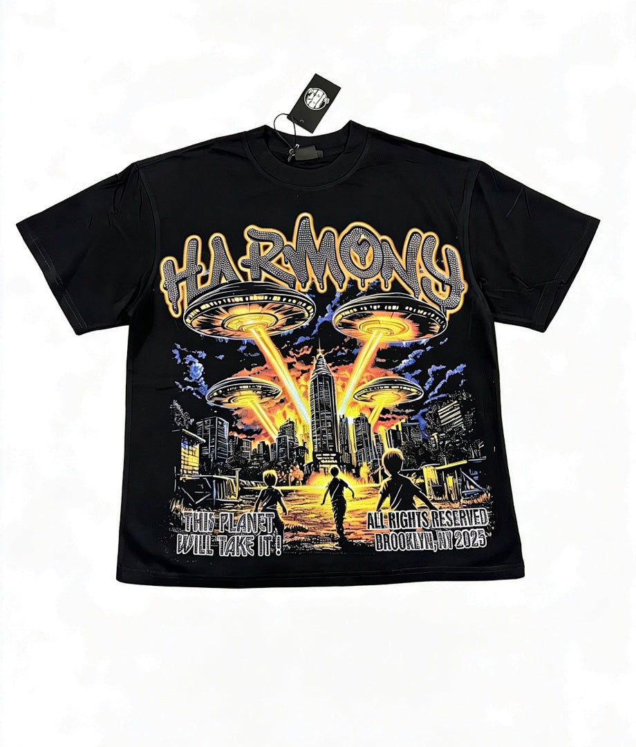HARMONY Men's Vintage UFO Graphic Oversized T-Shirt – Double-Sided Unisex Streetwear Tee