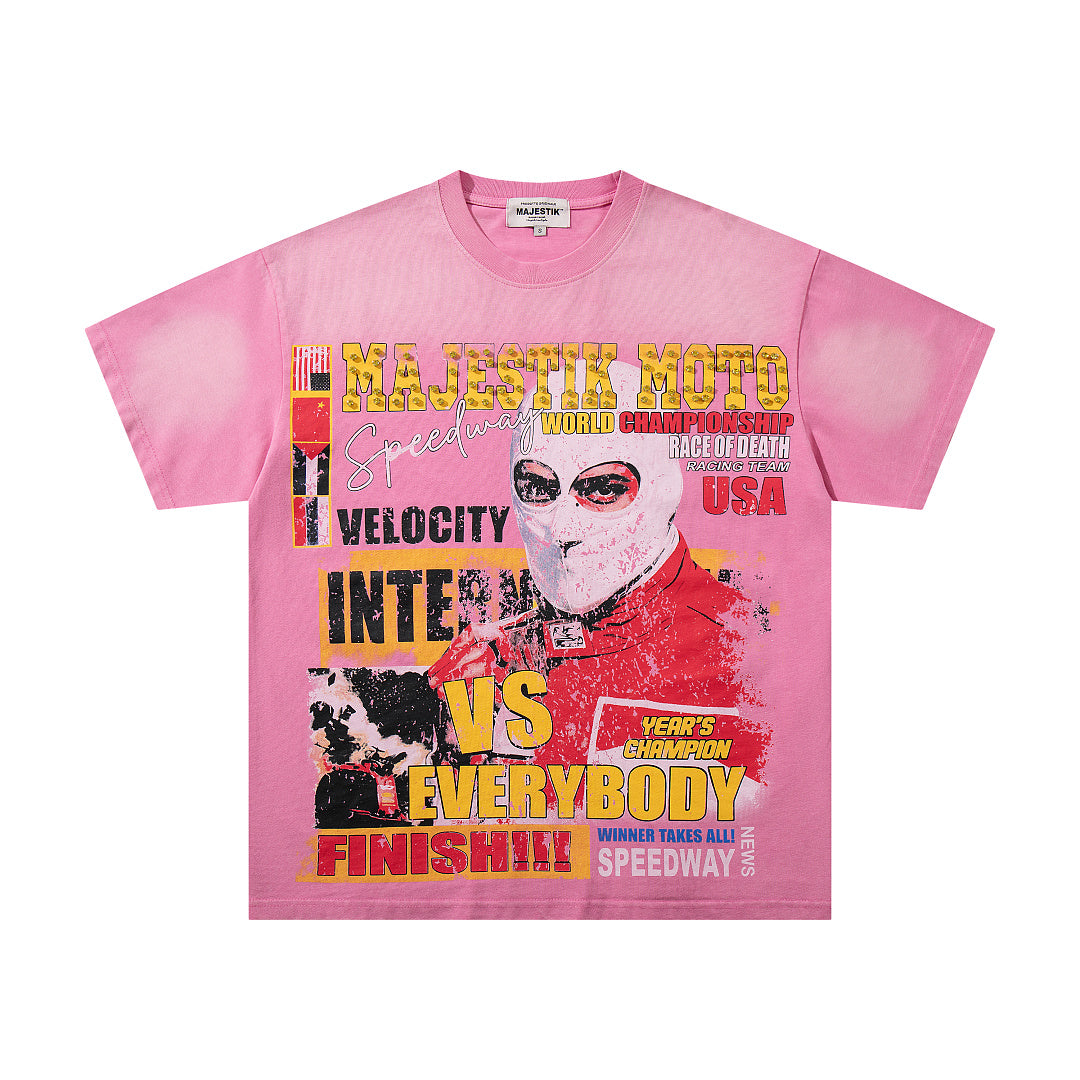 MAJESTIK Men's Vintage Graphic Oversized T-Shirt – Pink Retro Streetwear Washed Casual Tee
