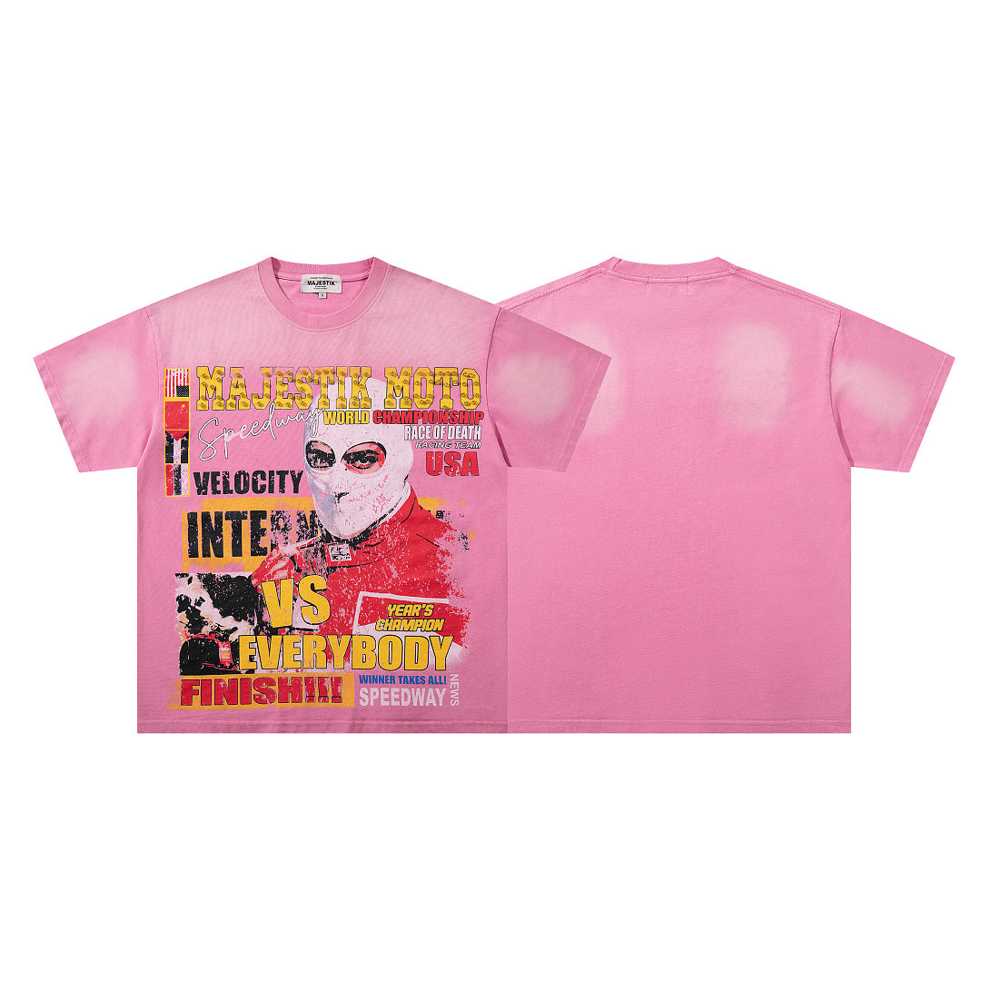 MAJESTIK Men's Vintage Graphic Oversized T-Shirt – Pink Retro Streetwear Washed Casual Tee