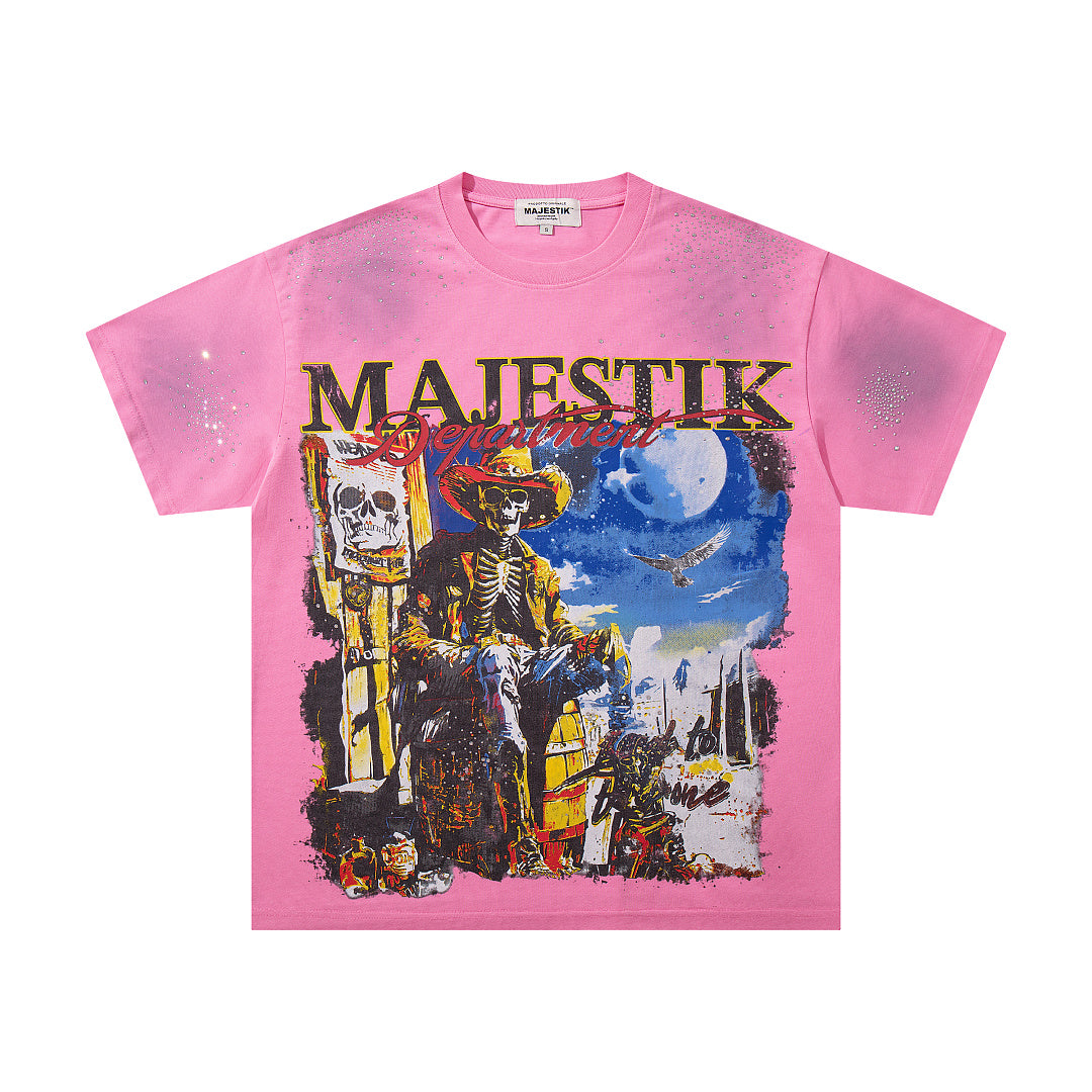 MAJESTIK Men's Vintage Graphic Oversized T-Shirt – Pink Retro Streetwear Washed Casual Tee