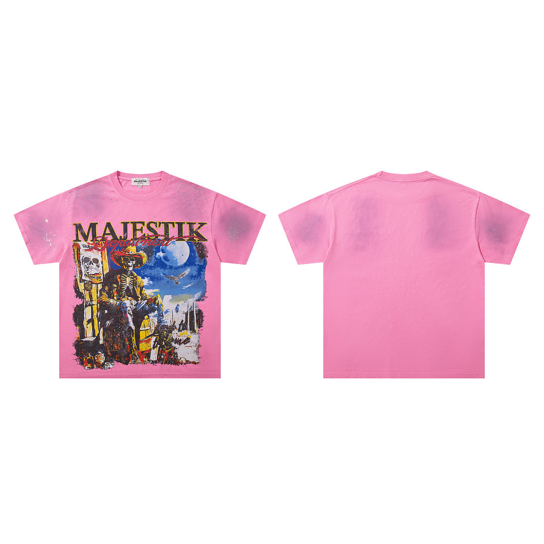 MAJESTIK Men's Vintage Graphic Oversized T-Shirt – Pink Retro Streetwear Washed Casual Tee