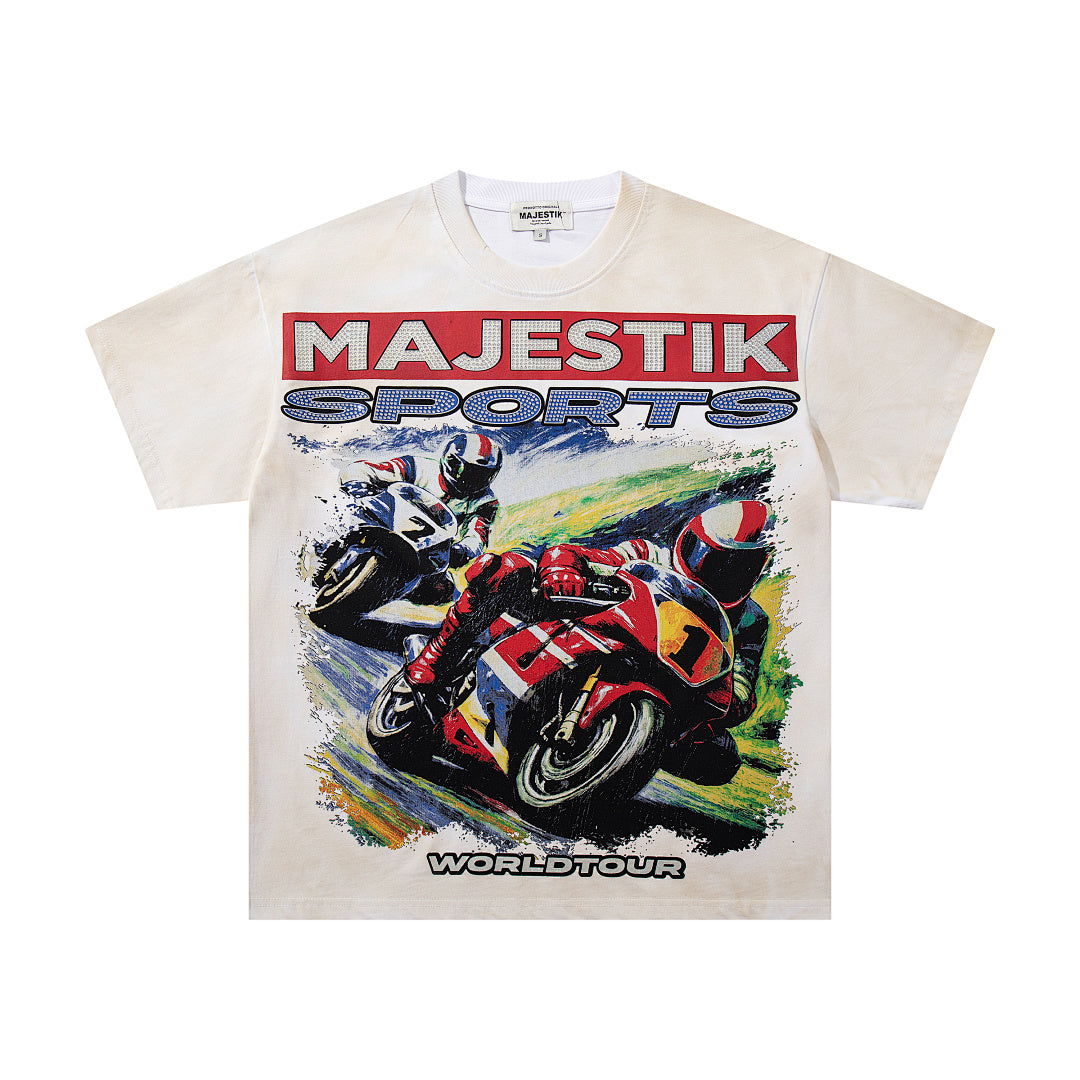 MAJESTIK Men's Vintage Graphic Oversized T-Shirt – Racing Streetwear Double-Sided Print Casual Tee