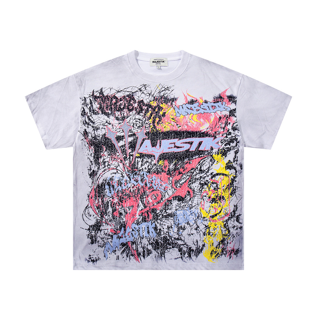 MAJESTIK Men's Vintage Graphic Oversized T-Shirt – Abstract Streetwear Double-Sided Print Casual Tee