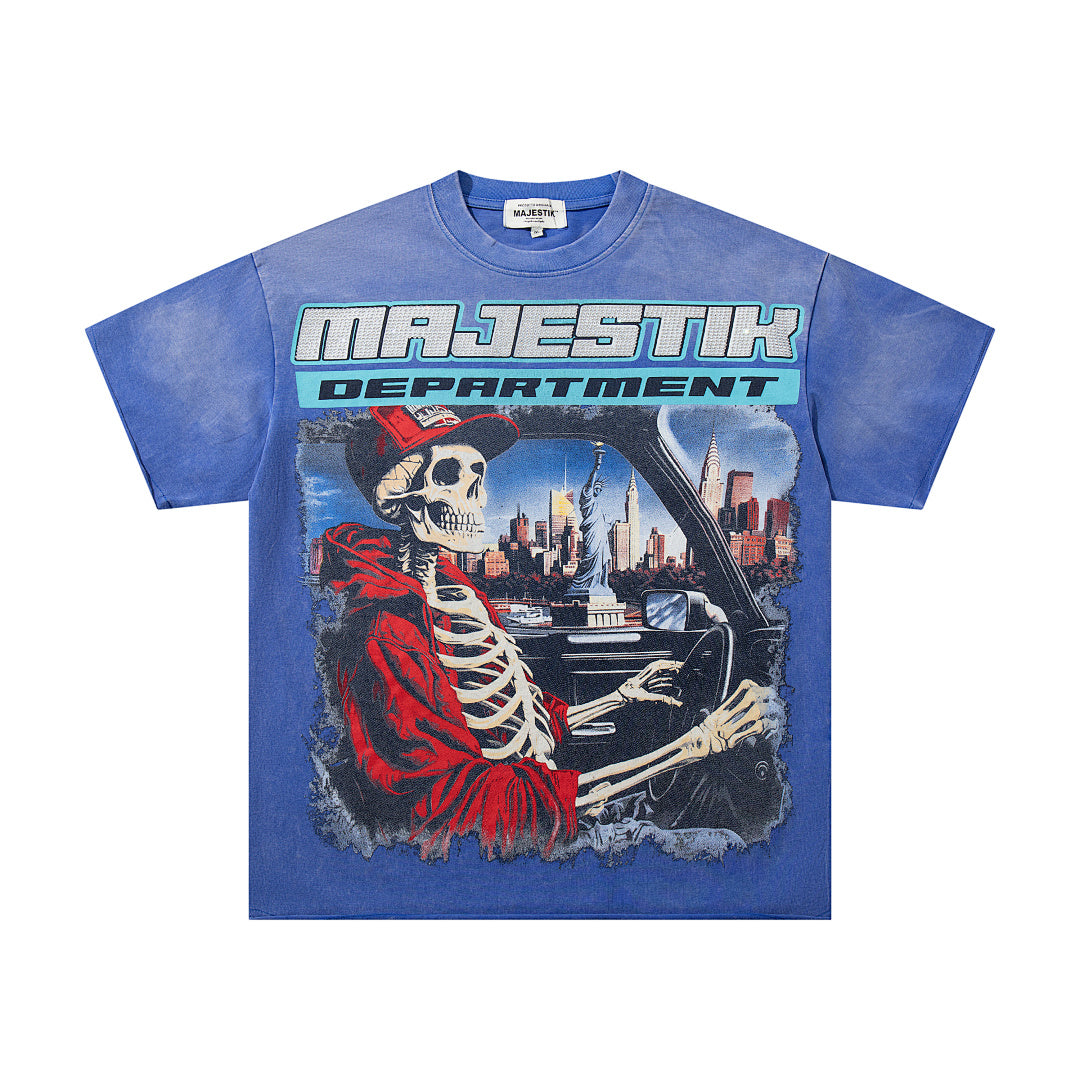 MAJESTIK Men's Vintage Racing Graphic Oversized T-Shirt – Blue Streetwear Double-Sided Print Casual Tee