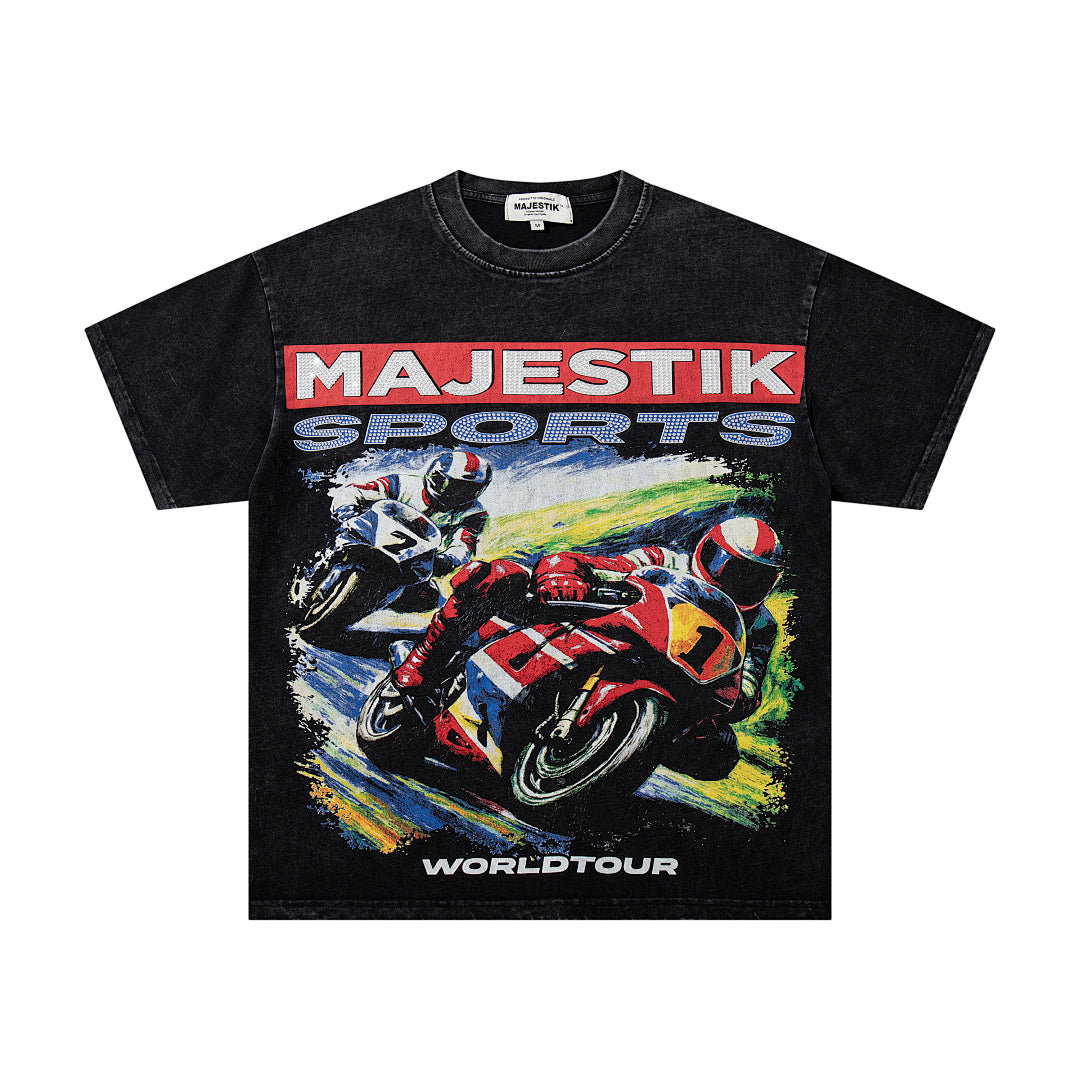 MAJESTIK Men's Vintage Racing Graphic Oversized T-Shirt – Streetwear Double-Sided Print Casual Tee