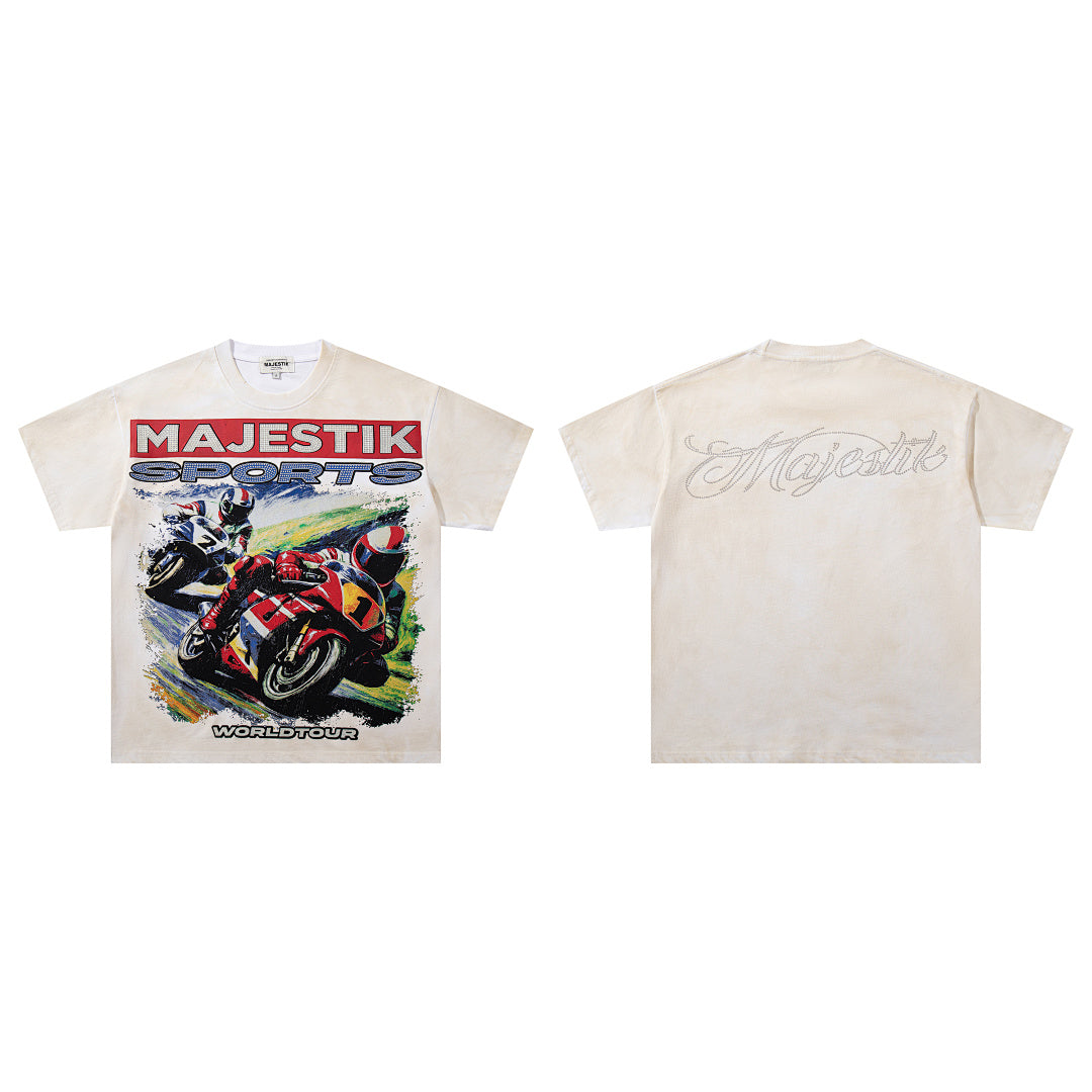 MAJESTIK Men's Vintage Graphic Oversized T-Shirt – Racing Streetwear Double-Sided Print Casual Tee
