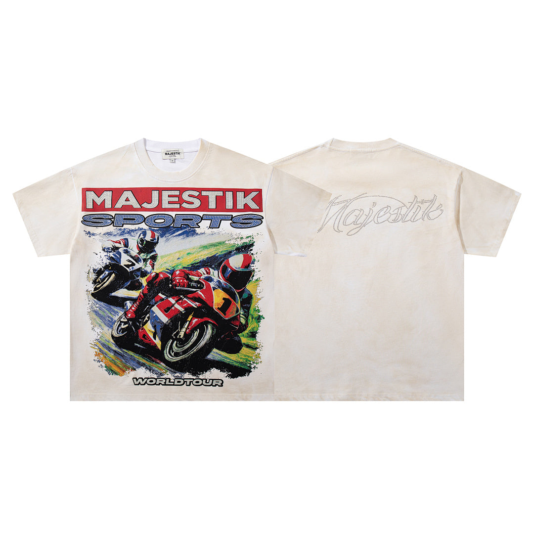 MAJESTIK Men's Vintage Graphic Oversized T-Shirt – Racing Streetwear Double-Sided Print Casual Tee