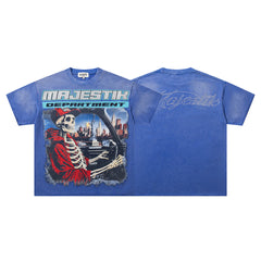 MAJESTIK Men's Vintage Racing Graphic Oversized T-Shirt – Blue Streetwear Double-Sided Print Casual Tee