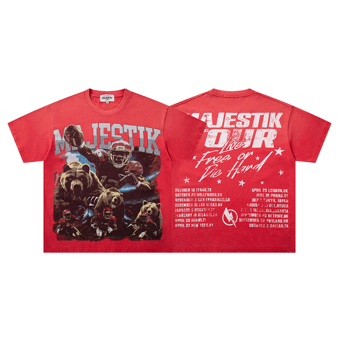 MAJESTIK Men's Vintage Graphic Oversized T-Shirt – Red Streetwear Double-Sided Print Casual Tee