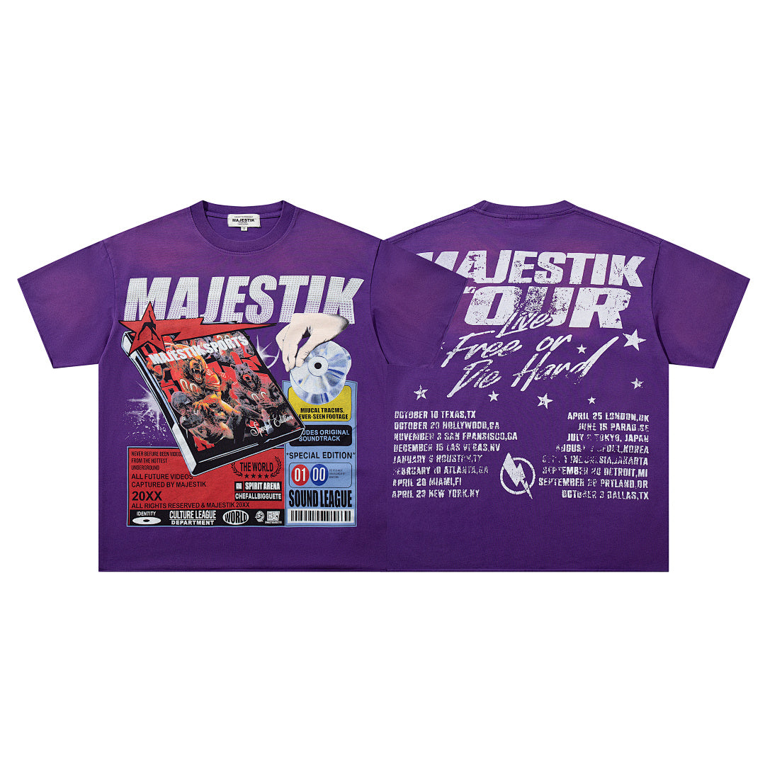 MAJESTIK Men's Vintage Graphic Oversized T-Shirt – Purple Streetwear Double-Sided Print Casual Tee