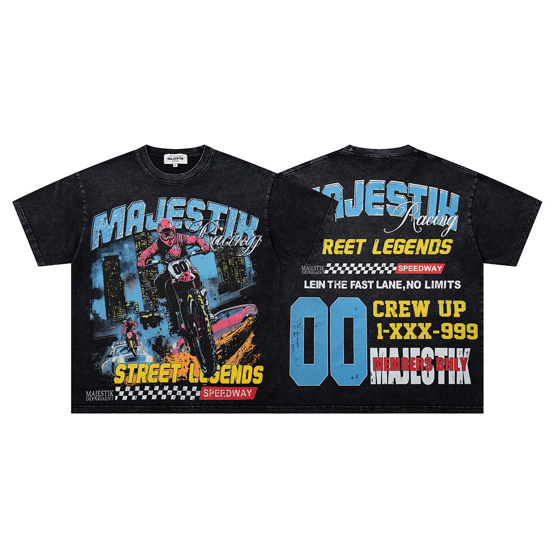 MAJESTIK Men's Vintage Graphic Oversized T-Shirt – Racing Streetwear Double-Sided Print Casual Tee