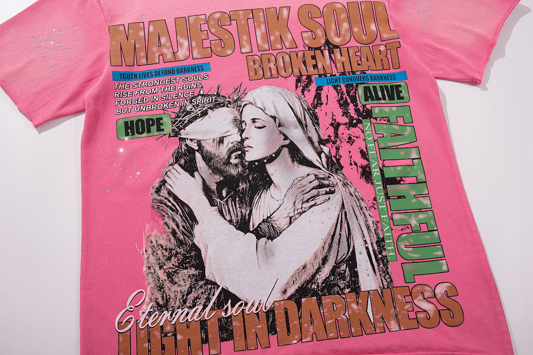 MAJESTIK Men's Vintage Graphic Oversized T-Shirt – Pink Retro Streetwear Washed Casual Tee
