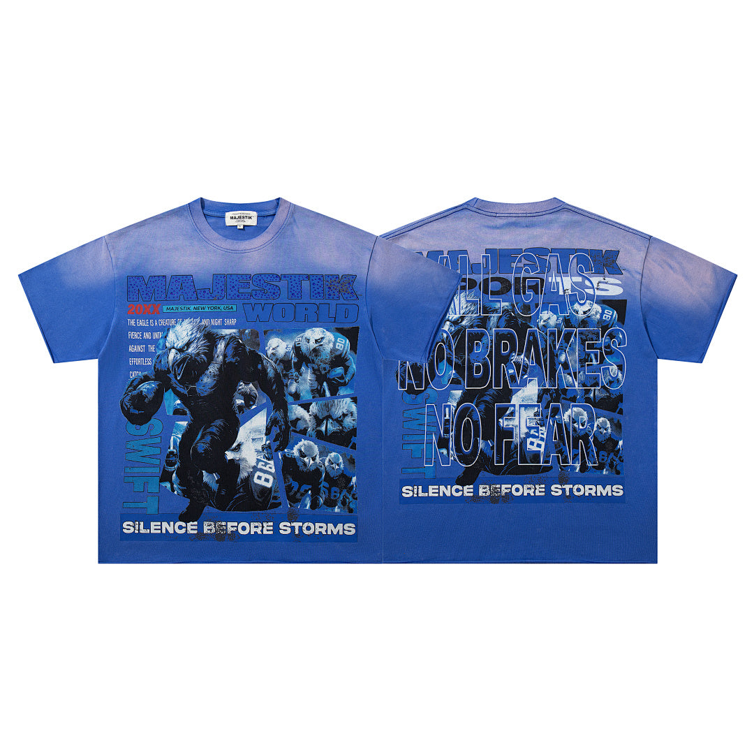 MAJESTIK Men's Vintage Graphic Oversized T-Shirt – Blue Streetwear Double-Sided Print Casual Tee