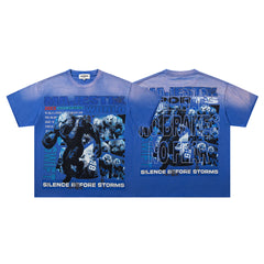 MAJESTIK Men's Vintage Graphic Oversized T-Shirt – Blue Streetwear Double-Sided Print Casual Tee