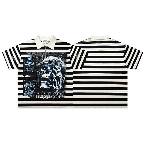 MAJESTIK Men's Striped Graphic Oversized Shirt – Gothic Streetwear Short Sleeve Casual Button-Up Top