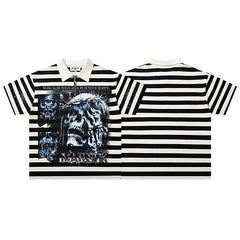 MAJESTIK Men's Striped Graphic Oversized Shirt – Gothic Streetwear Short Sleeve Casual Button-Up Top
