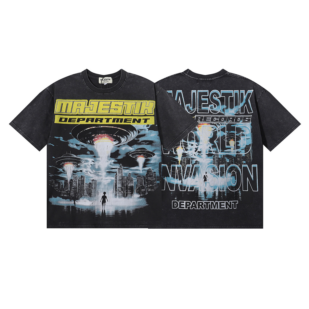 MAJESTIK Men's Vintage Graphic Oversized T-Shirt – Futuristic Streetwear Double-Sided Print Casual Tee