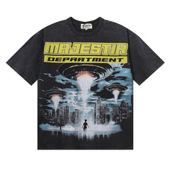 MAJESTIK Men's Vintage Graphic Oversized T-Shirt – Futuristic Streetwear Double-Sided Print Casual Tee