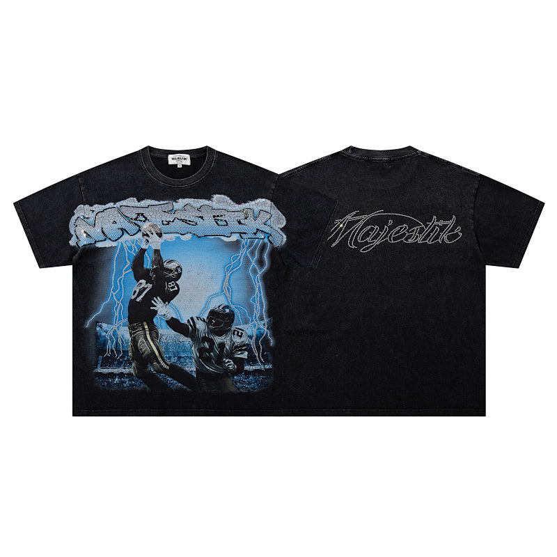 MAJESTIK Men's Vintage Graphic Oversized T-Shirt – Dark Streetwear Double-Sided Print Casual Tee