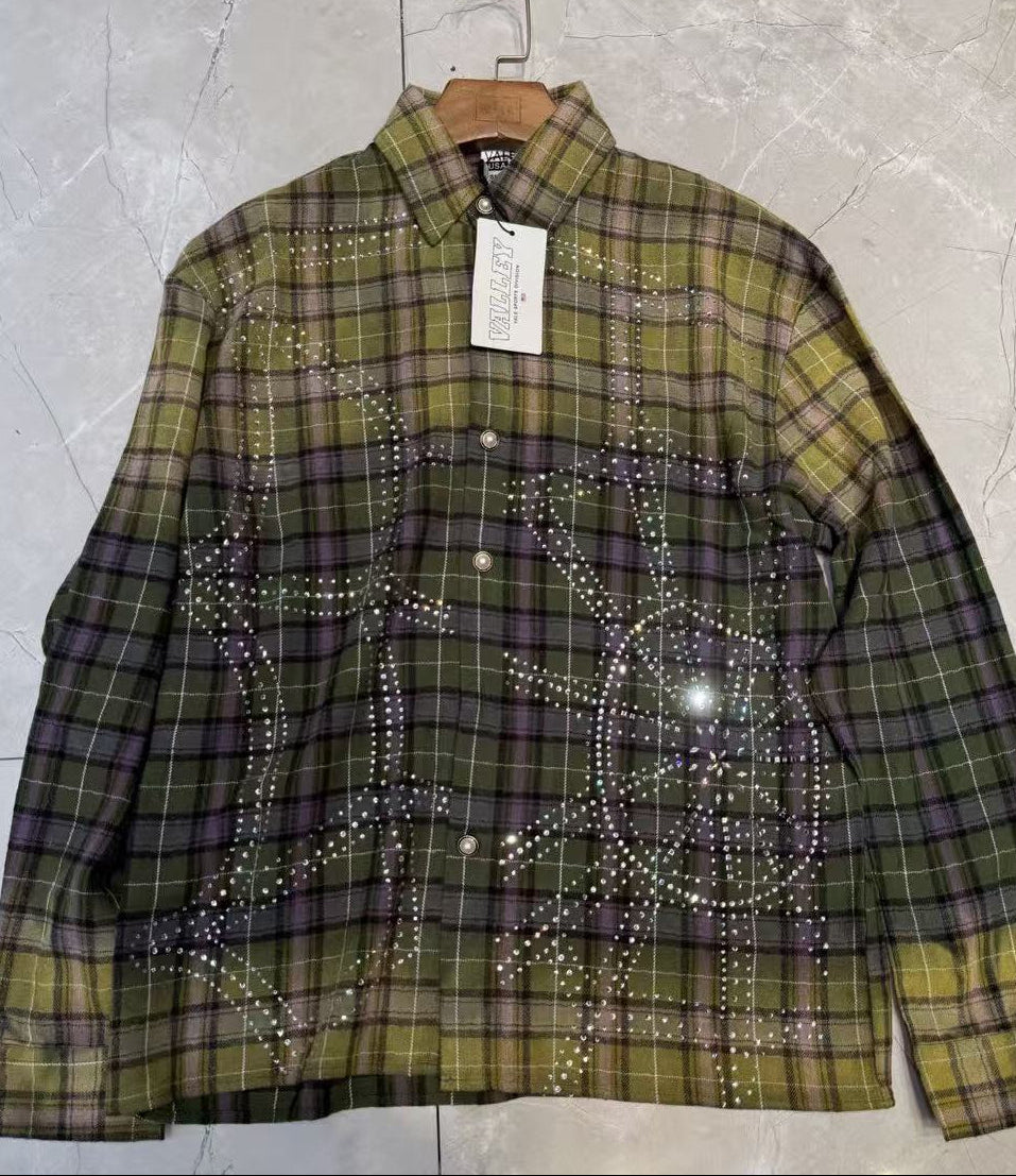 Vale Forever Plaid Rhinestone Embellished Vintage Wash Long-Sleeve Button-Up Shirt